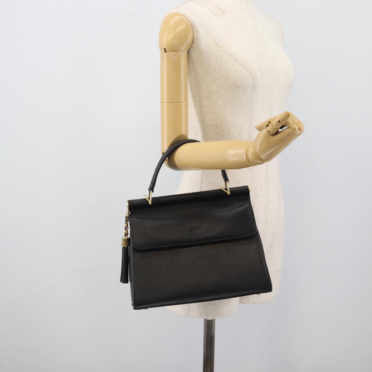 VALENTINO Hand Bag Leather Black Gold Auth 191042A