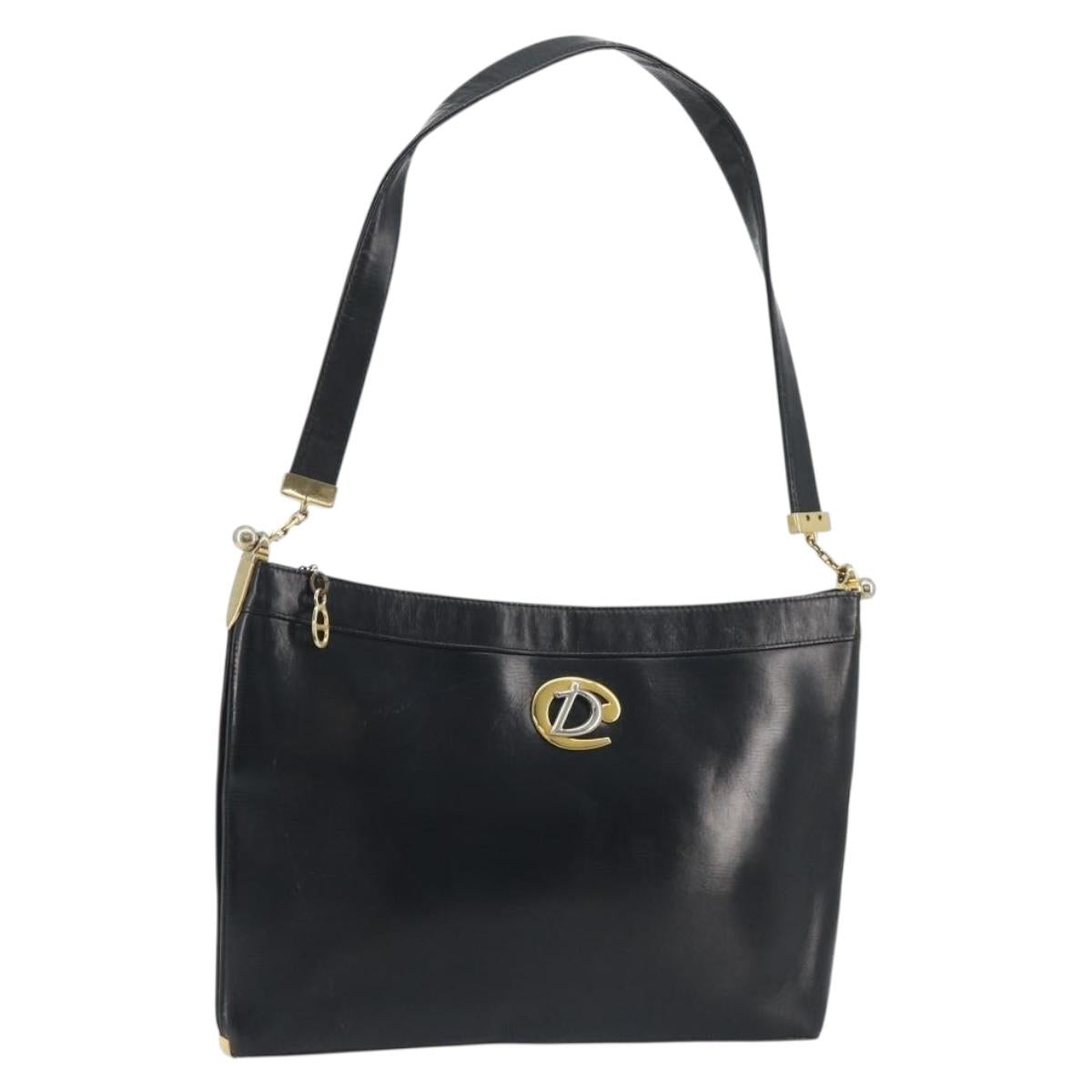 Christian Dior Shoulder Bag Calf Skin Black Gold Auth 191075