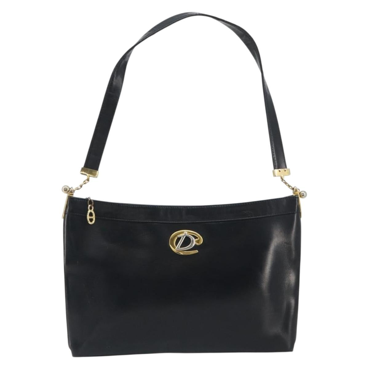 Christian Dior Shoulder Bag Calf Skin Black Gold Auth 191075