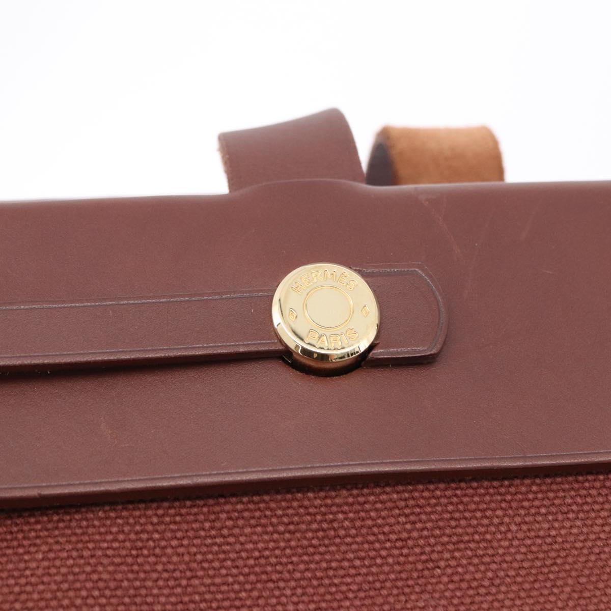 HERMES Herbag Cabas Hand Bag Canvas Leather Bordeaux Gold Auth 191077A