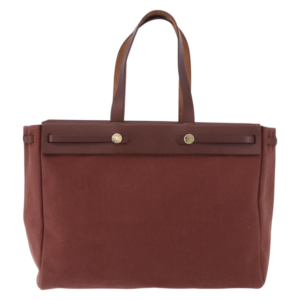HERMES Herbag Cabas Hand Bag Canvas Leather Bordeaux Gold Auth 191077A