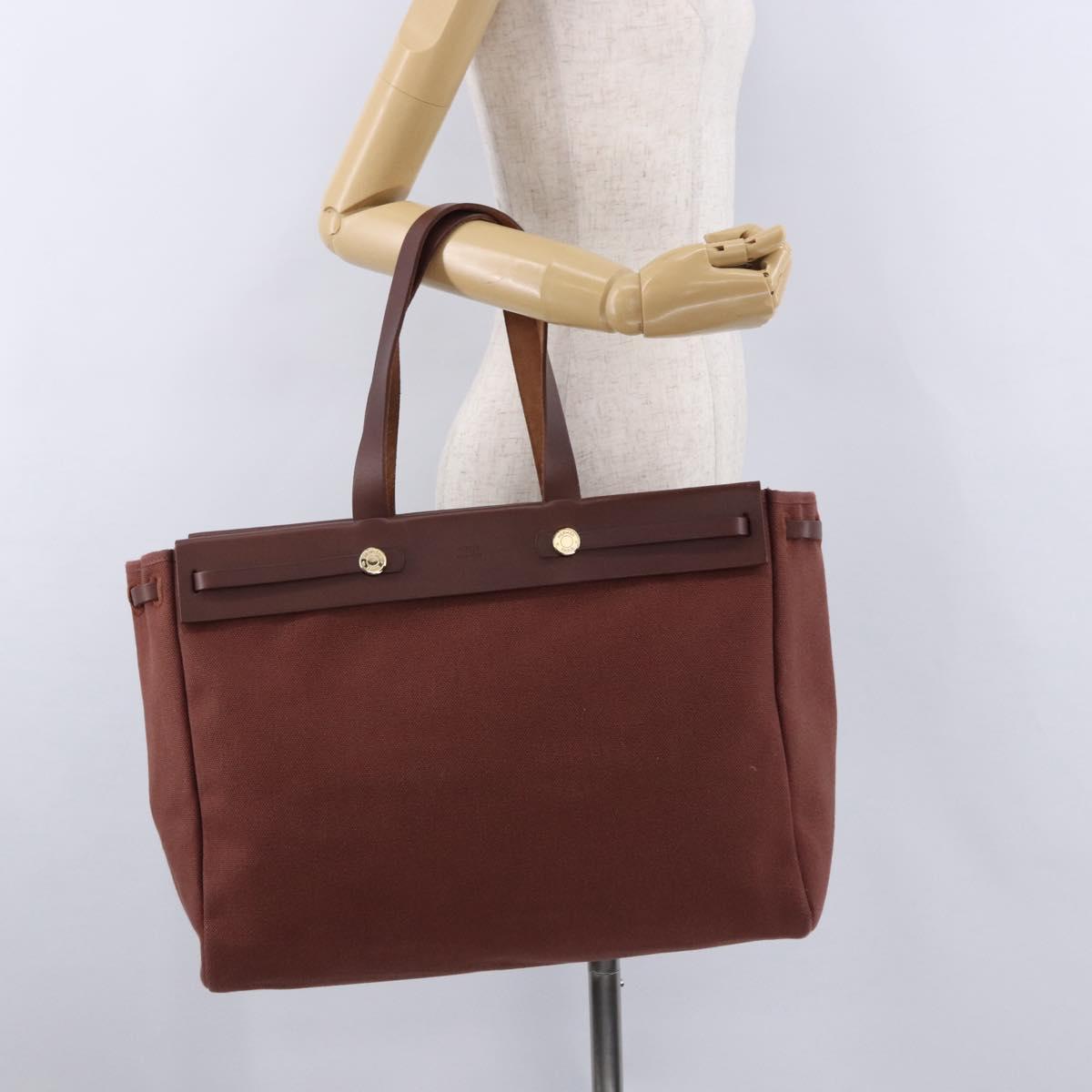 HERMES Herbag Cabas Hand Bag Canvas Leather Bordeaux Gold Auth 191077A