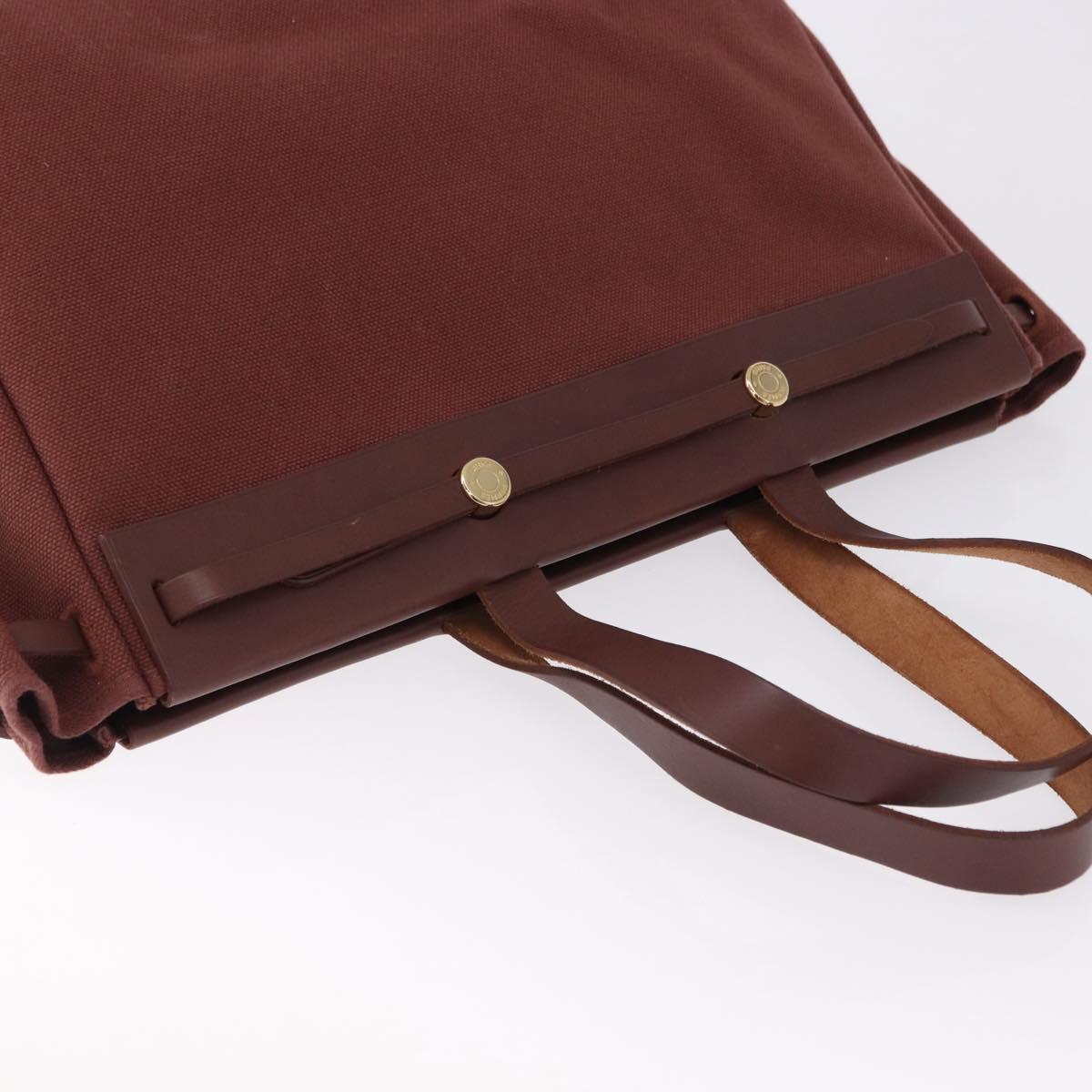 HERMES Herbag Cabas Hand Bag Canvas Leather Bordeaux Gold Auth 191077A
