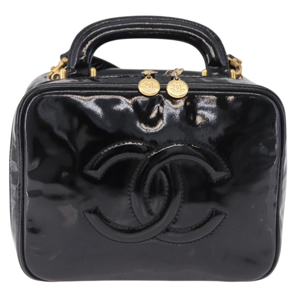 CHANEL Vanity Hand Bag Patent Leather 2way Black Gold CC Auth 191081