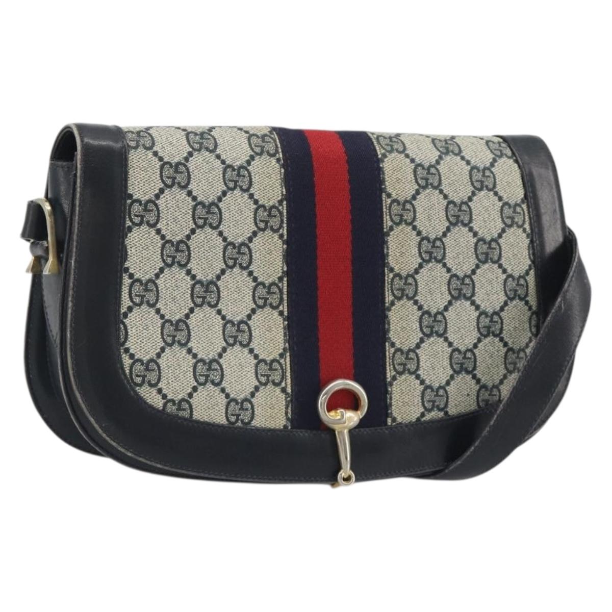 GUCCI GG Supreme Sherry Line Shoulder Bag PVC Navy Gold Auth 191082