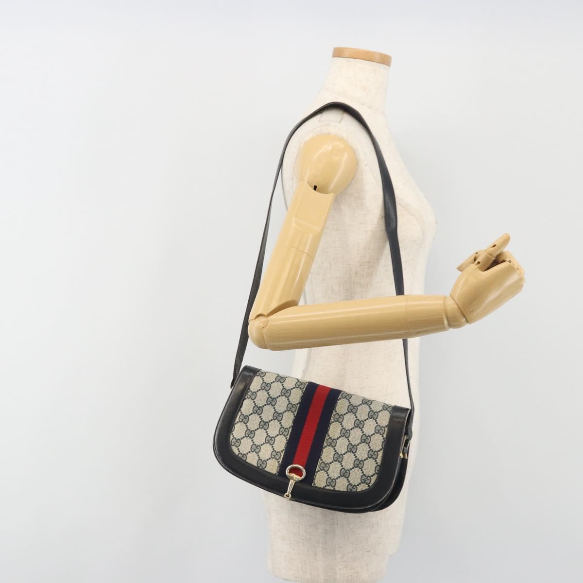 GUCCI GG Supreme Sherry Line Shoulder Bag PVC Navy Gold Auth 191082