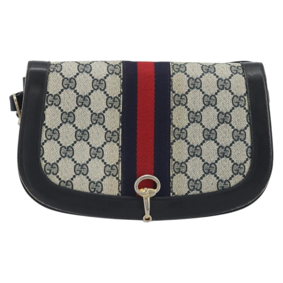 GUCCI GG Supreme Sherry Line Shoulder Bag PVC Navy Gold Auth 191082