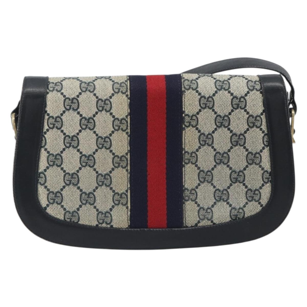 GUCCI GG Supreme Sherry Line Shoulder Bag PVC Navy Gold Auth 191082