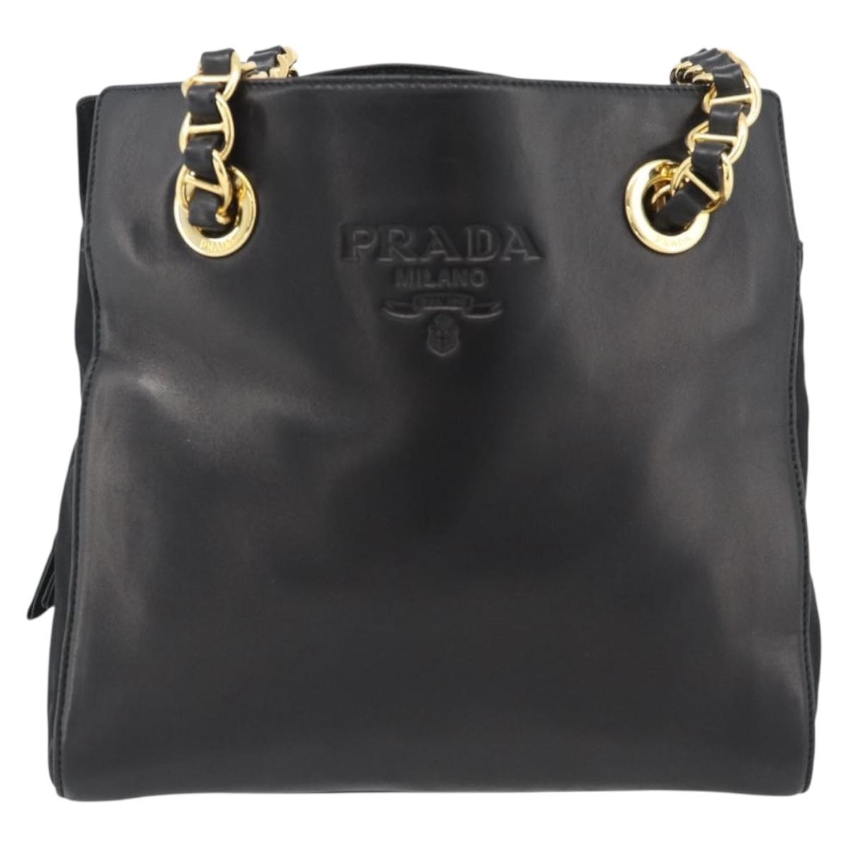 PRADA Chain Shoulder Bag Leather Black Gold Auth 191084A