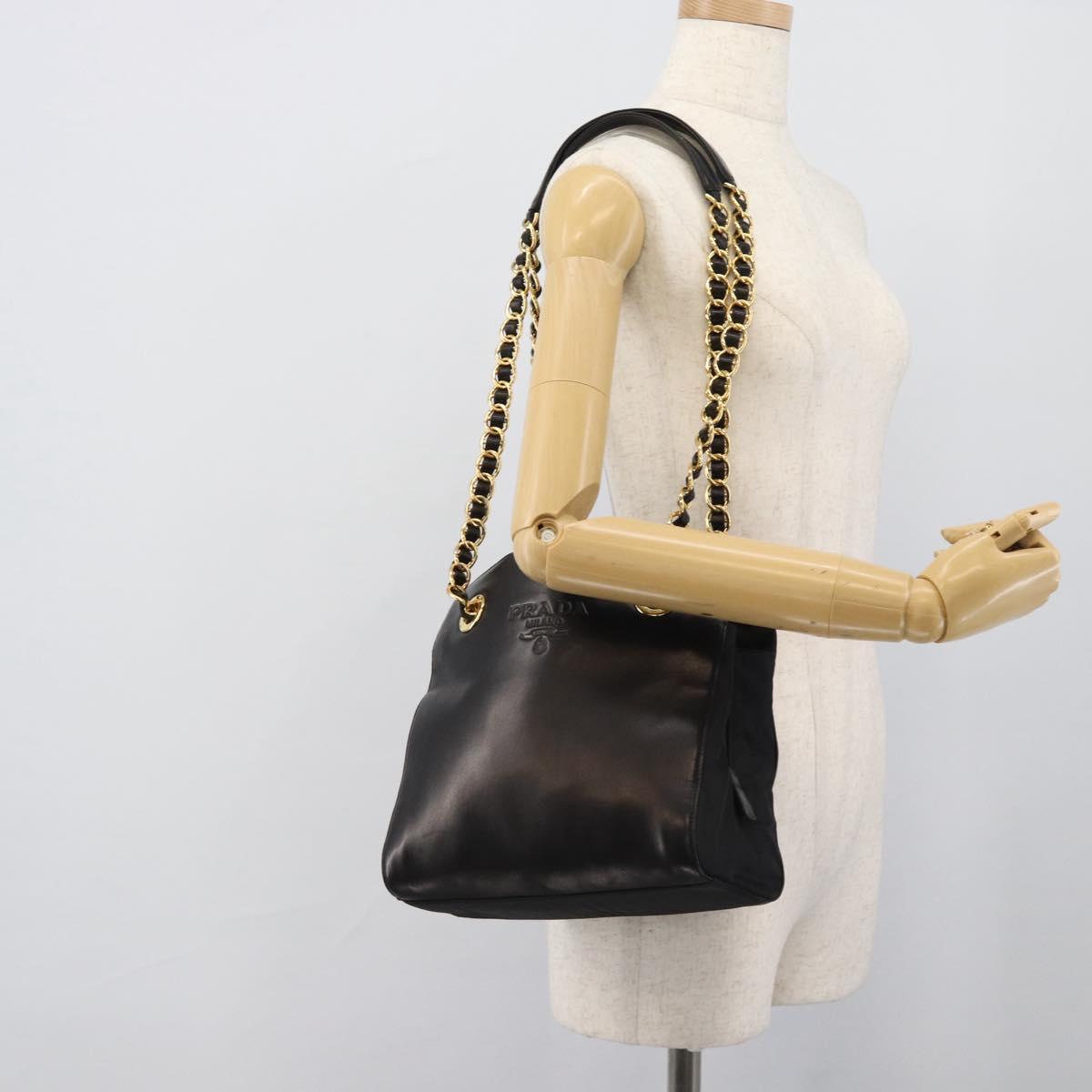PRADA Chain Shoulder Bag Leather Black Gold Auth 191084A