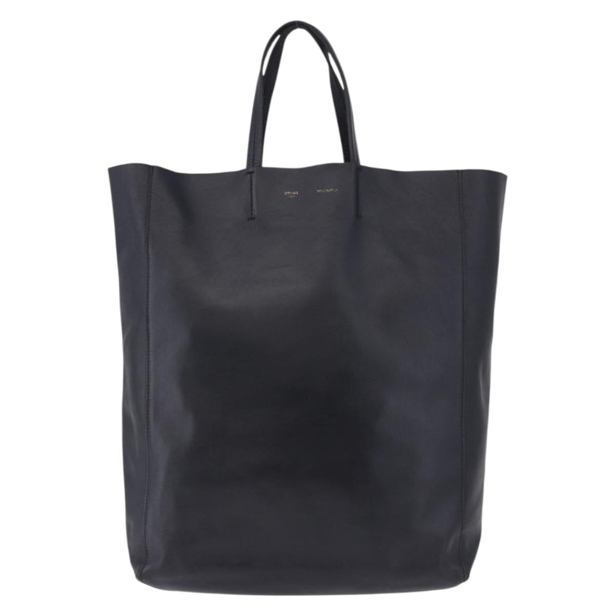 CELINE Vertical Cabas Mall Hand Bag Leather Black Gold Auth 191085