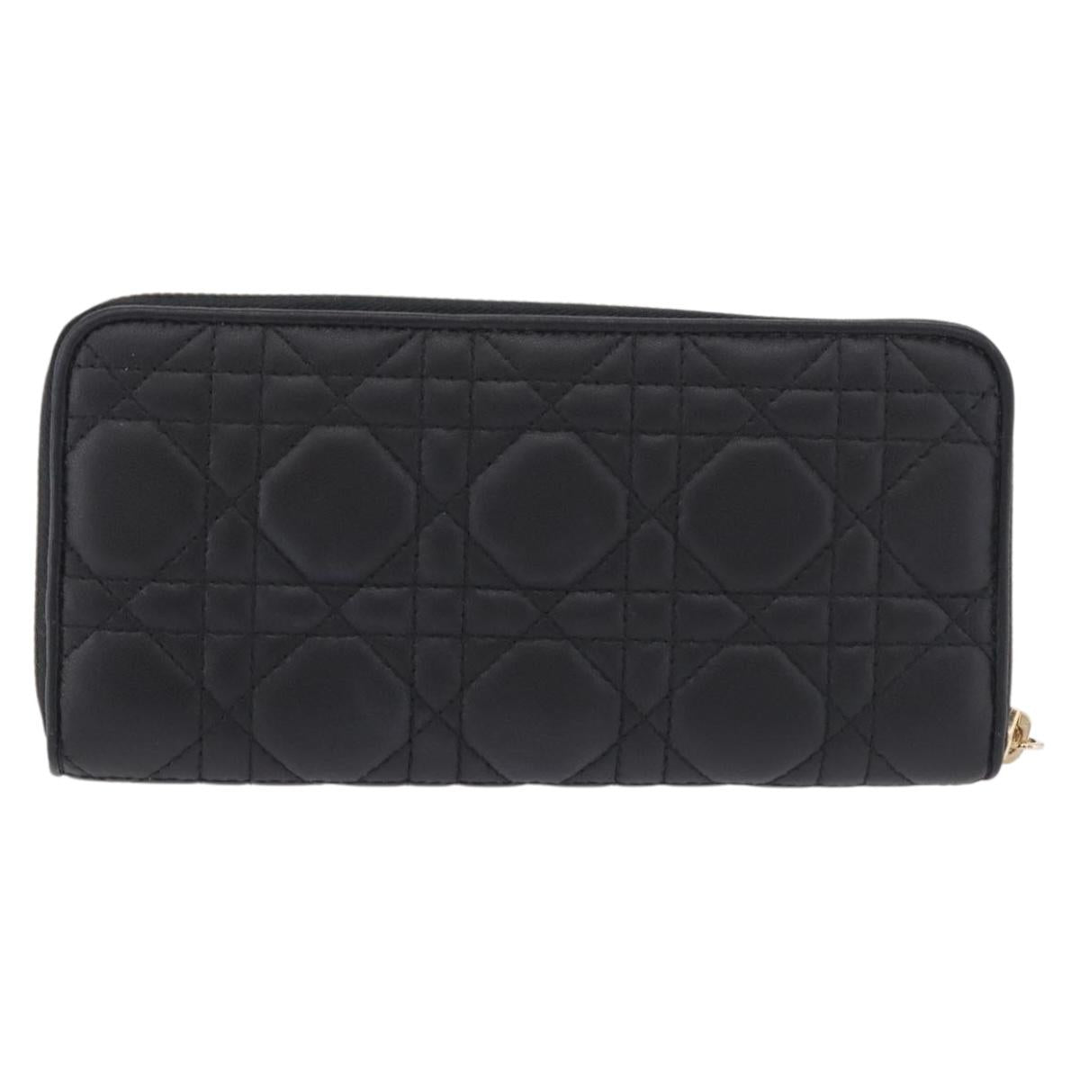 Christian Dior Lady Dior Canage Long Wallet Lamb Skin Black Gold Auth 191131M