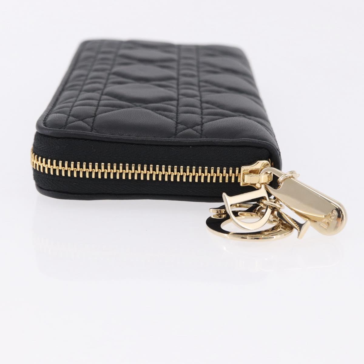 Christian Dior Lady Dior Canage Long Wallet Lamb Skin Black Gold Auth 191131M