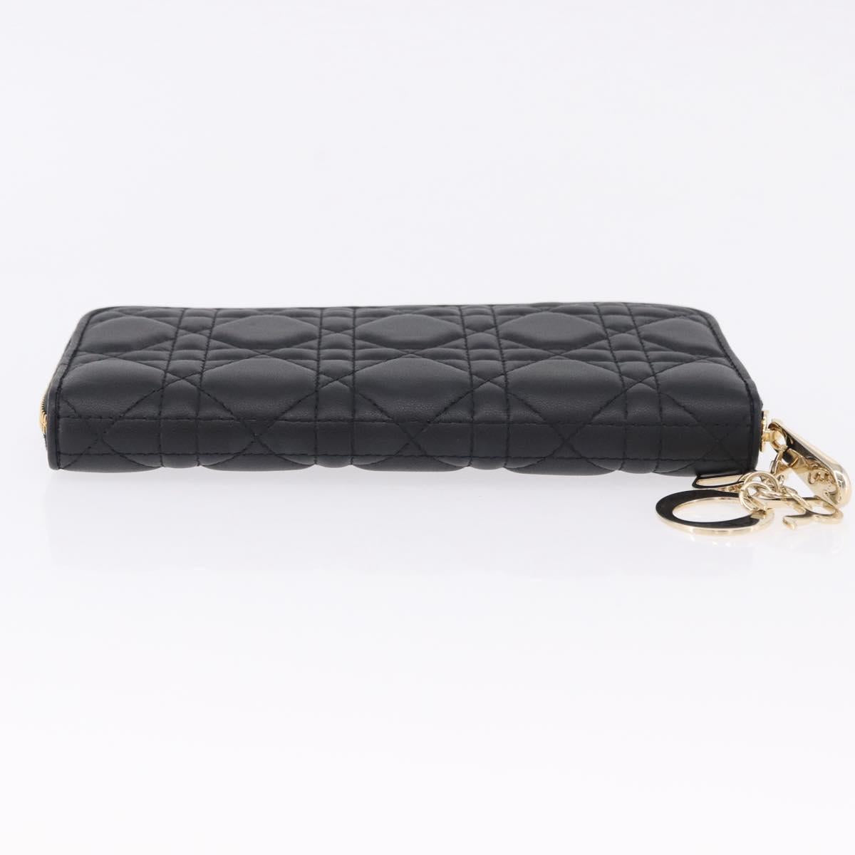 Christian Dior Lady Dior Canage Long Wallet Lamb Skin Black Gold Auth 191131M