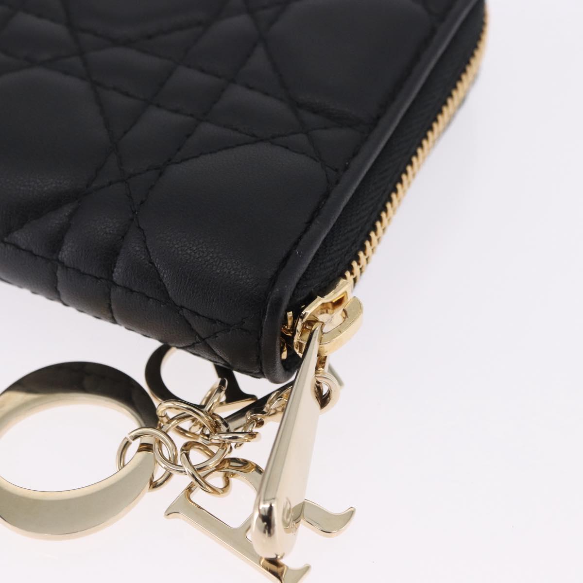 Christian Dior Lady Dior Canage Long Wallet Lamb Skin Black Gold Auth 191131M