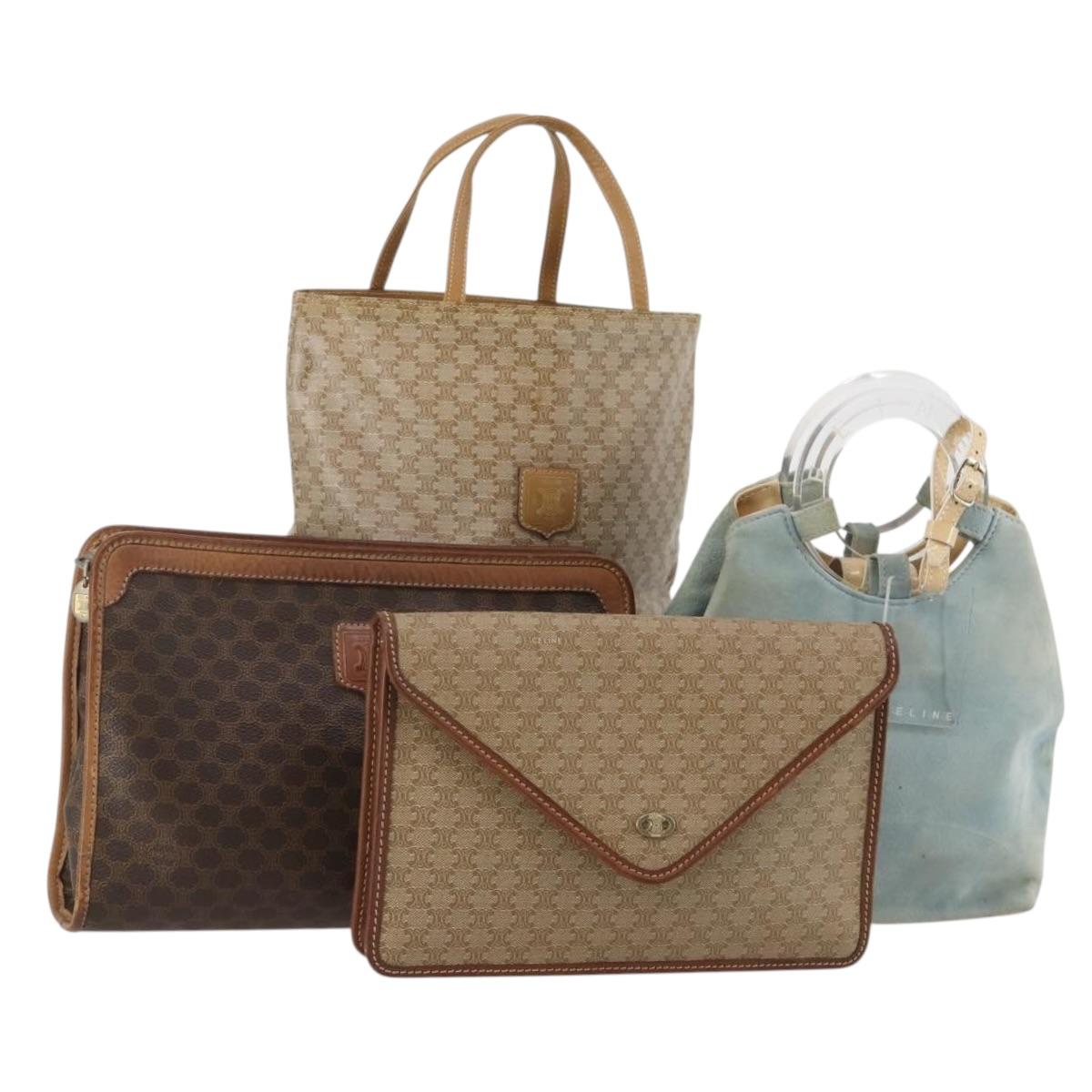 CELINE Macadam Canvas Clutch Bag PVC Suede 4 Set Brown Beige blue Auth 191147