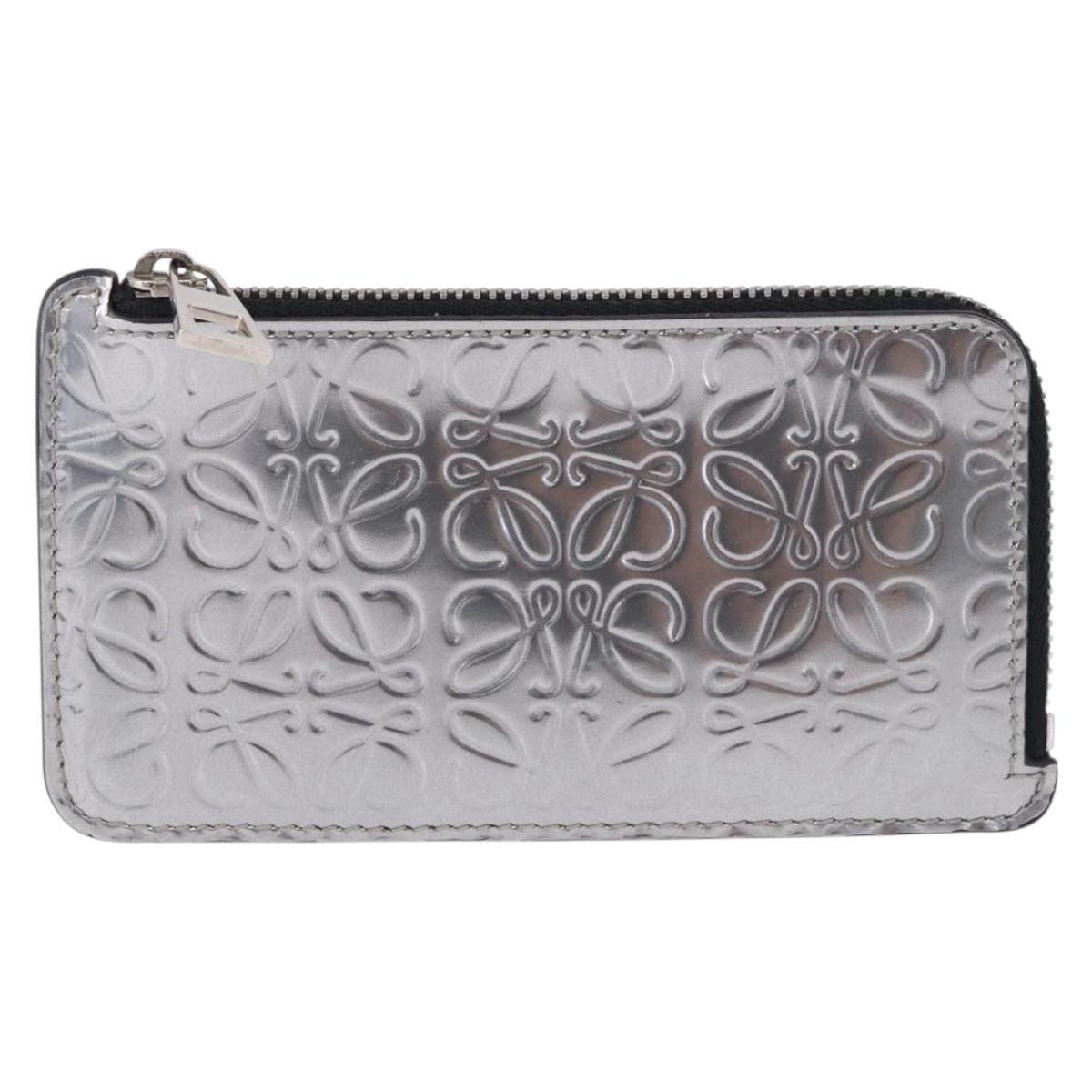 LOEWE Anagram Card Case Leather Silver Auth 191158A