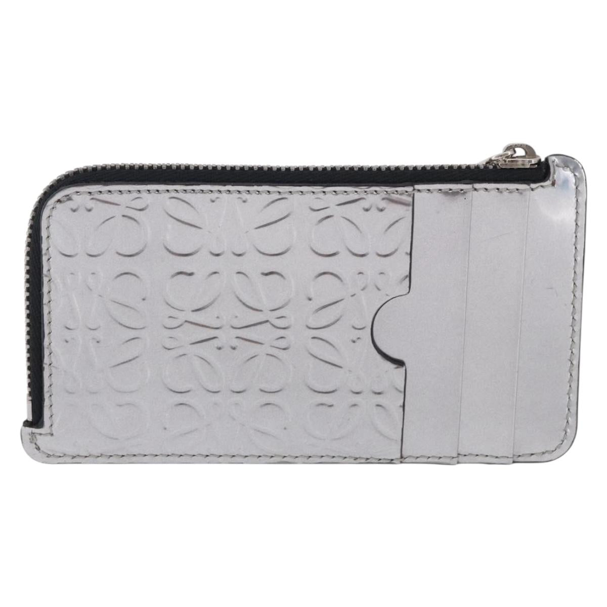 LOEWE Anagram Card Case Leather Silver Auth 191158A