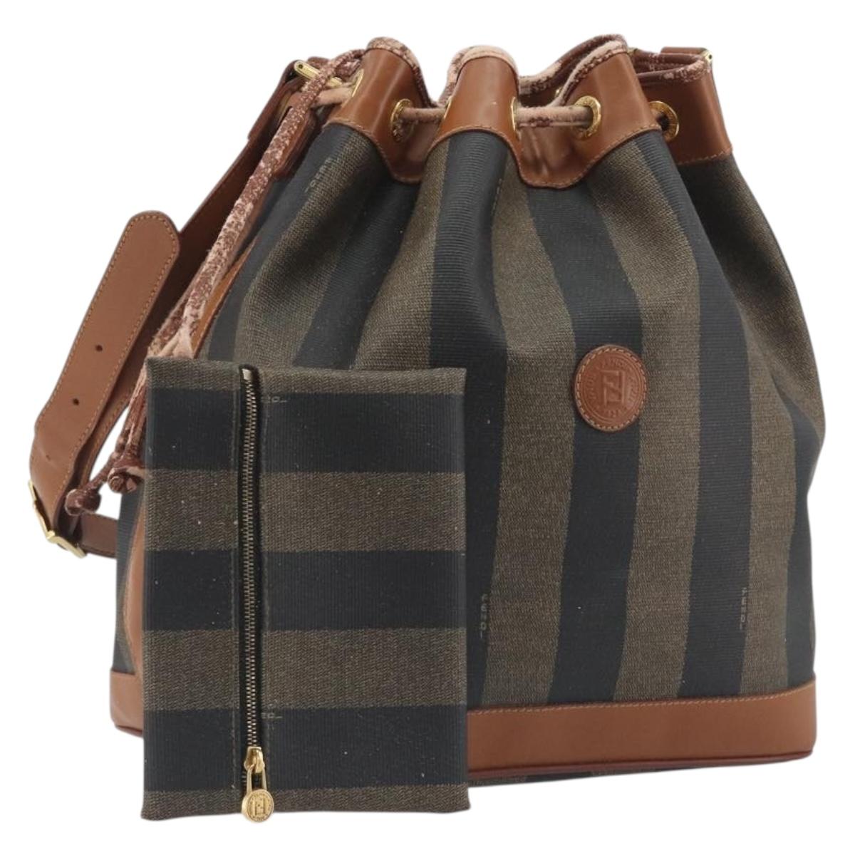FENDI Pecan Shoulder Bag PVC Leather Black Gold Tone Auth 191181