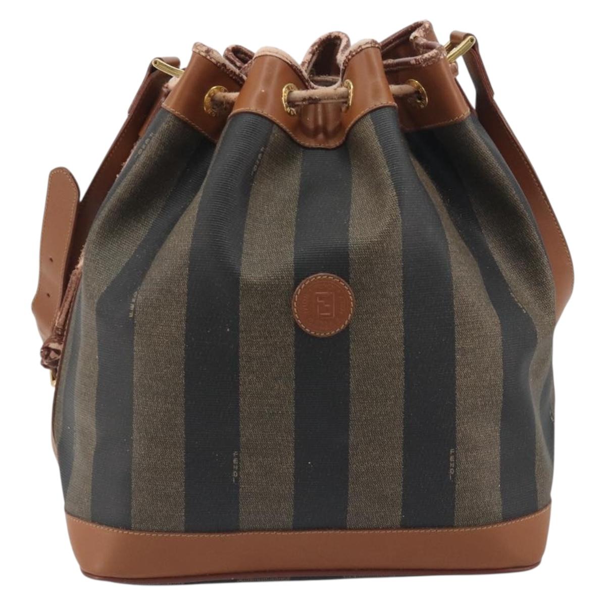 FENDI Pecan Shoulder Bag PVC Leather Black Gold Tone Auth 191181