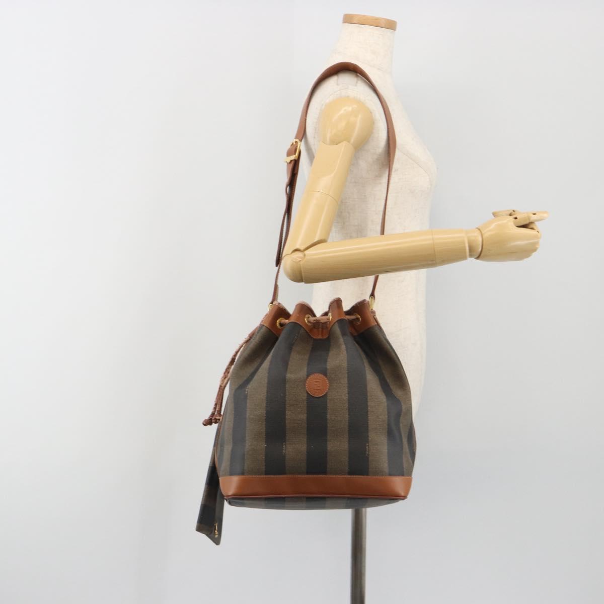 FENDI Pecan Shoulder Bag PVC Leather Black Gold Tone Auth 191181