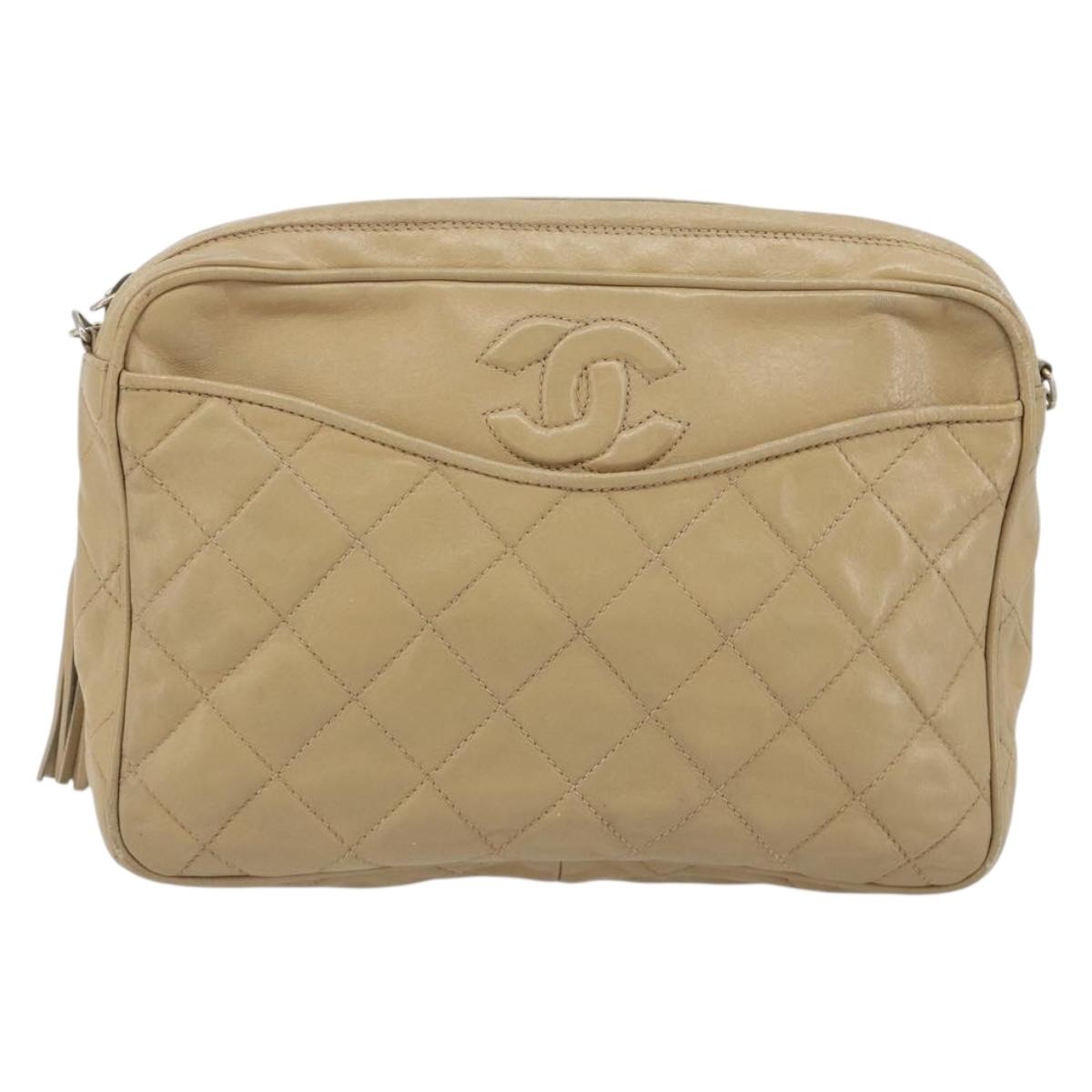 CHANEL Matelasse Chain Shoulder Bag Lamb Skin Beige Gold CC Auth 191285