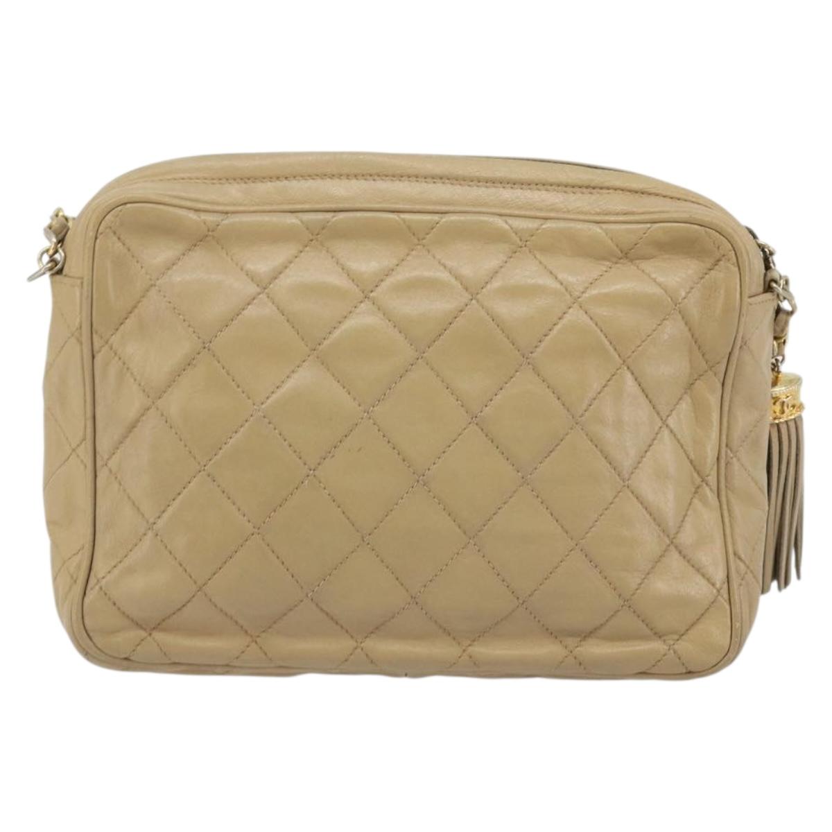 CHANEL Matelasse Chain Shoulder Bag Lamb Skin Beige Gold CC Auth 191285