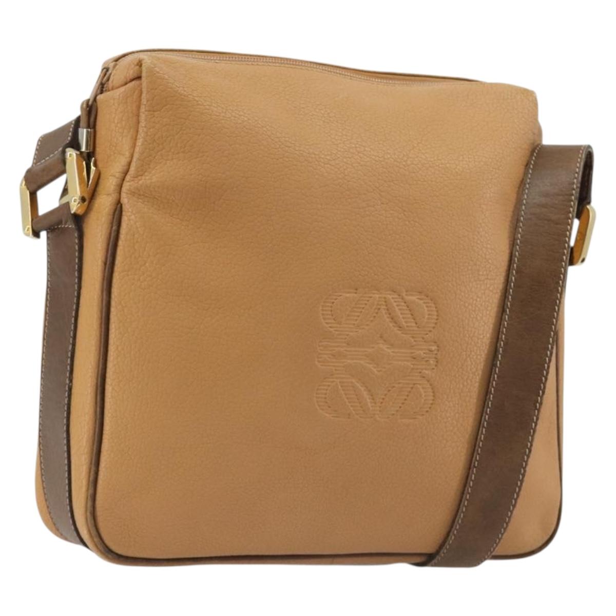LOEWE Anagram Shoulder Bag Leather Beige Gold Auth 191290