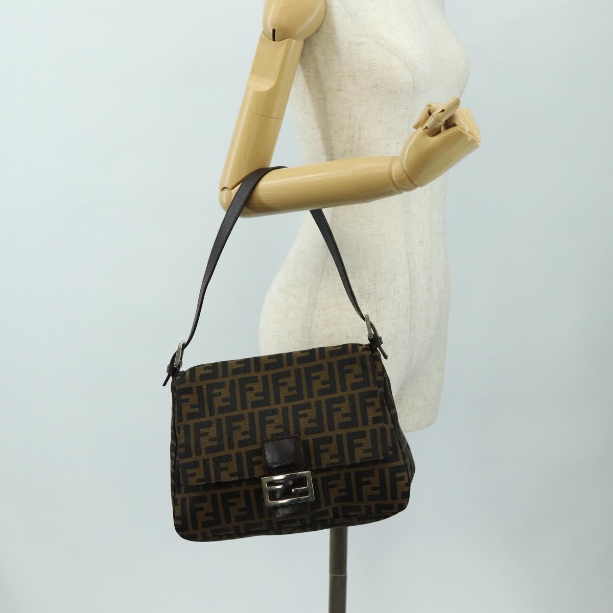 FENDI Zucca Canvas Mamma Baguette Shoulder Bag Black Brown Auth 191291SAV