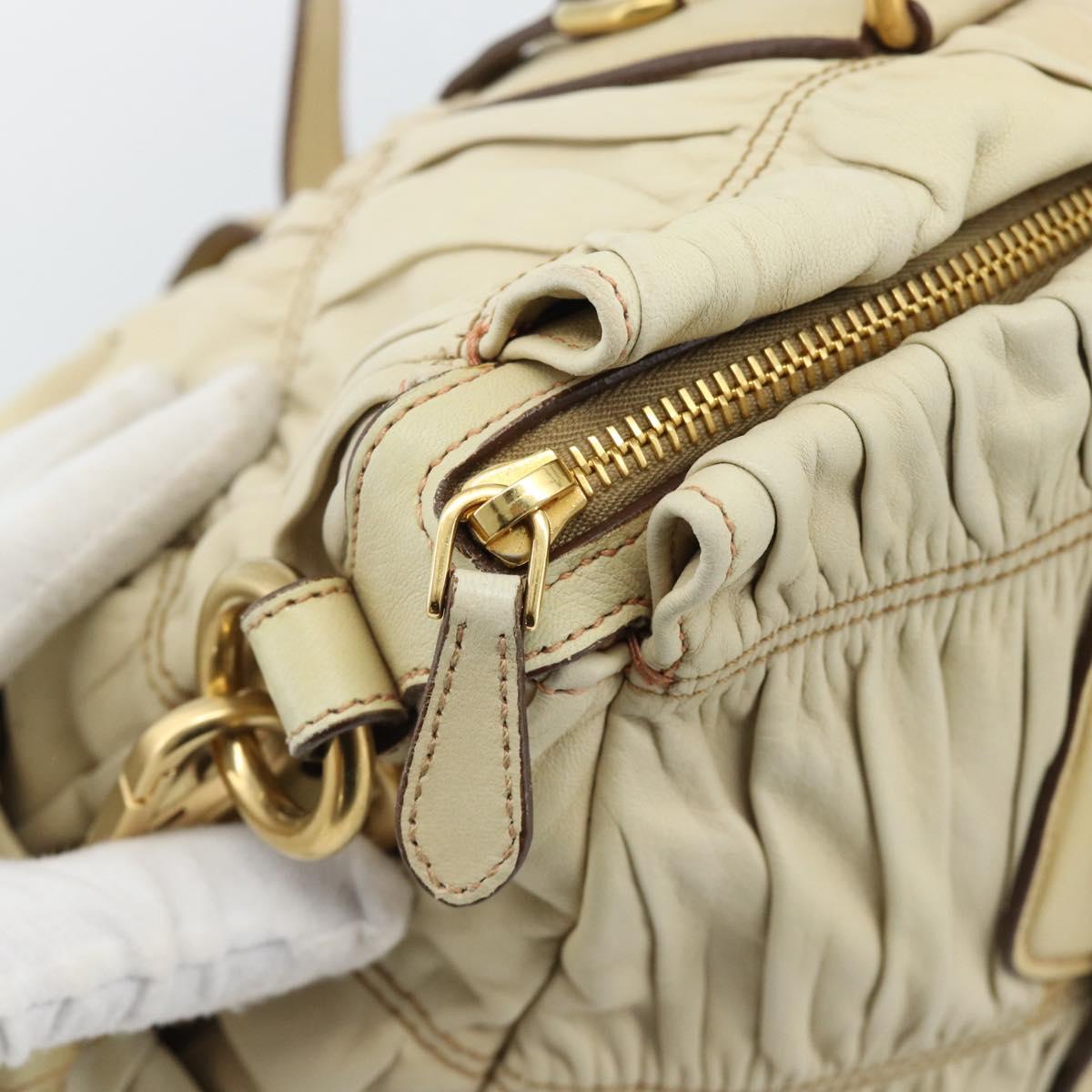 PRADA Gathered Hand Bag Leather 2way Ivory Gold Auth 191302A