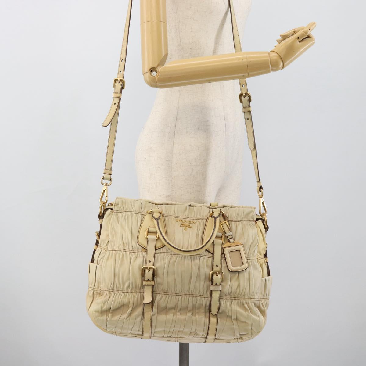 PRADA Gathered Hand Bag Leather 2way Ivory Gold Auth 191302A