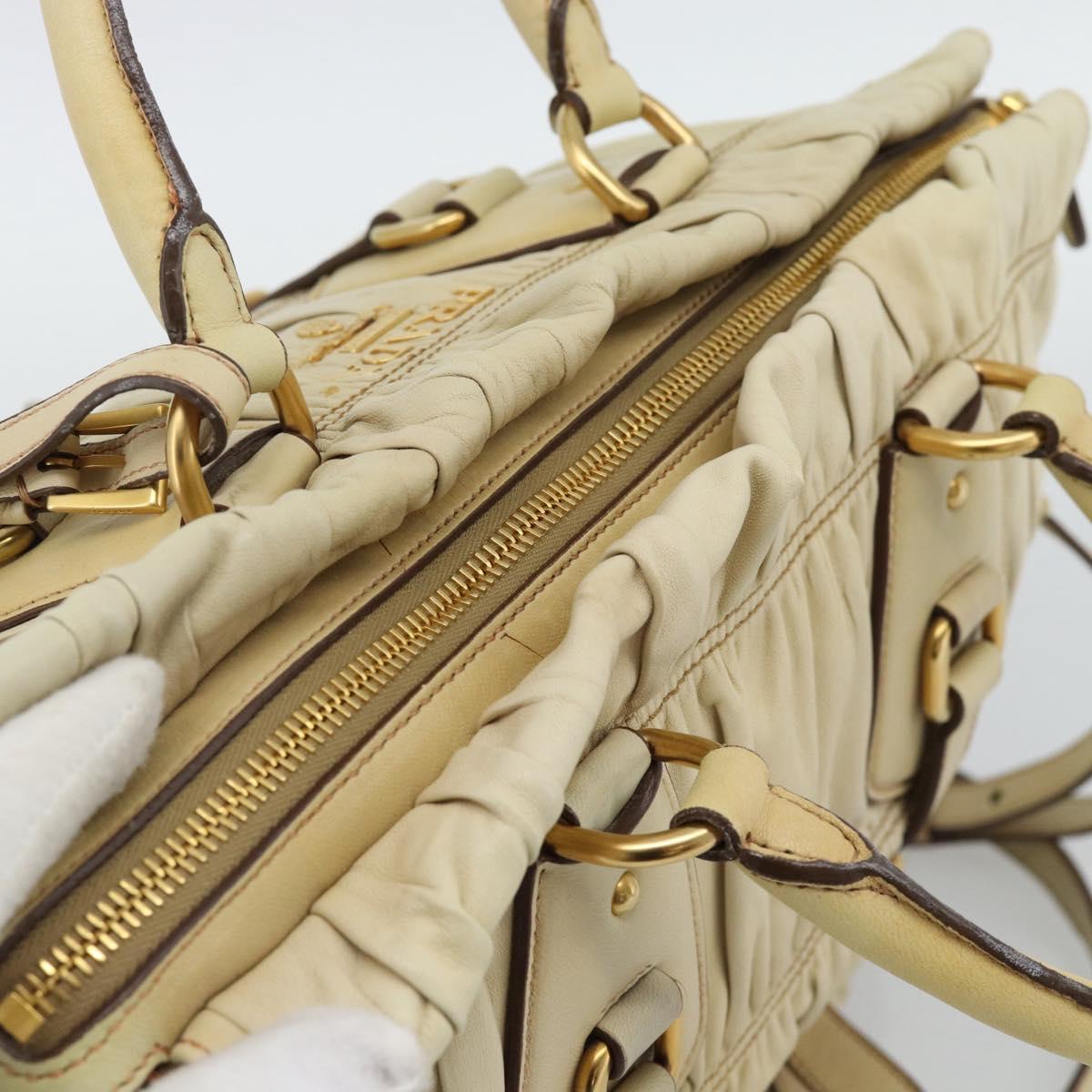 PRADA Gathered Hand Bag Leather 2way Ivory Gold Auth 191302A