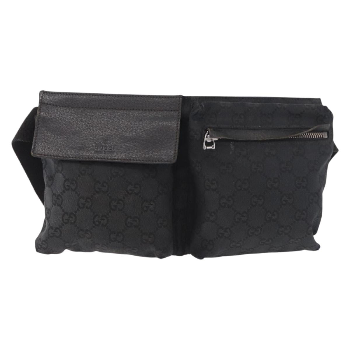 GUCCI GG Canvas Waist Bag Black Silver 28566 Auth 191304