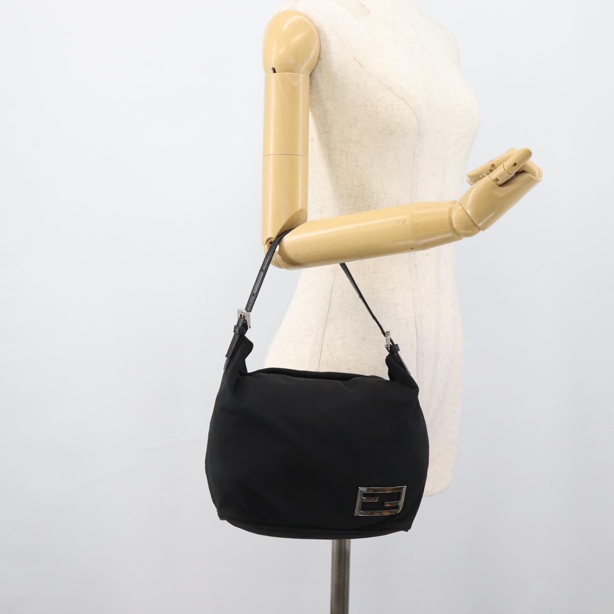 FENDI Shoulder Bag Cotton Jersey Black Silver Auth 191313