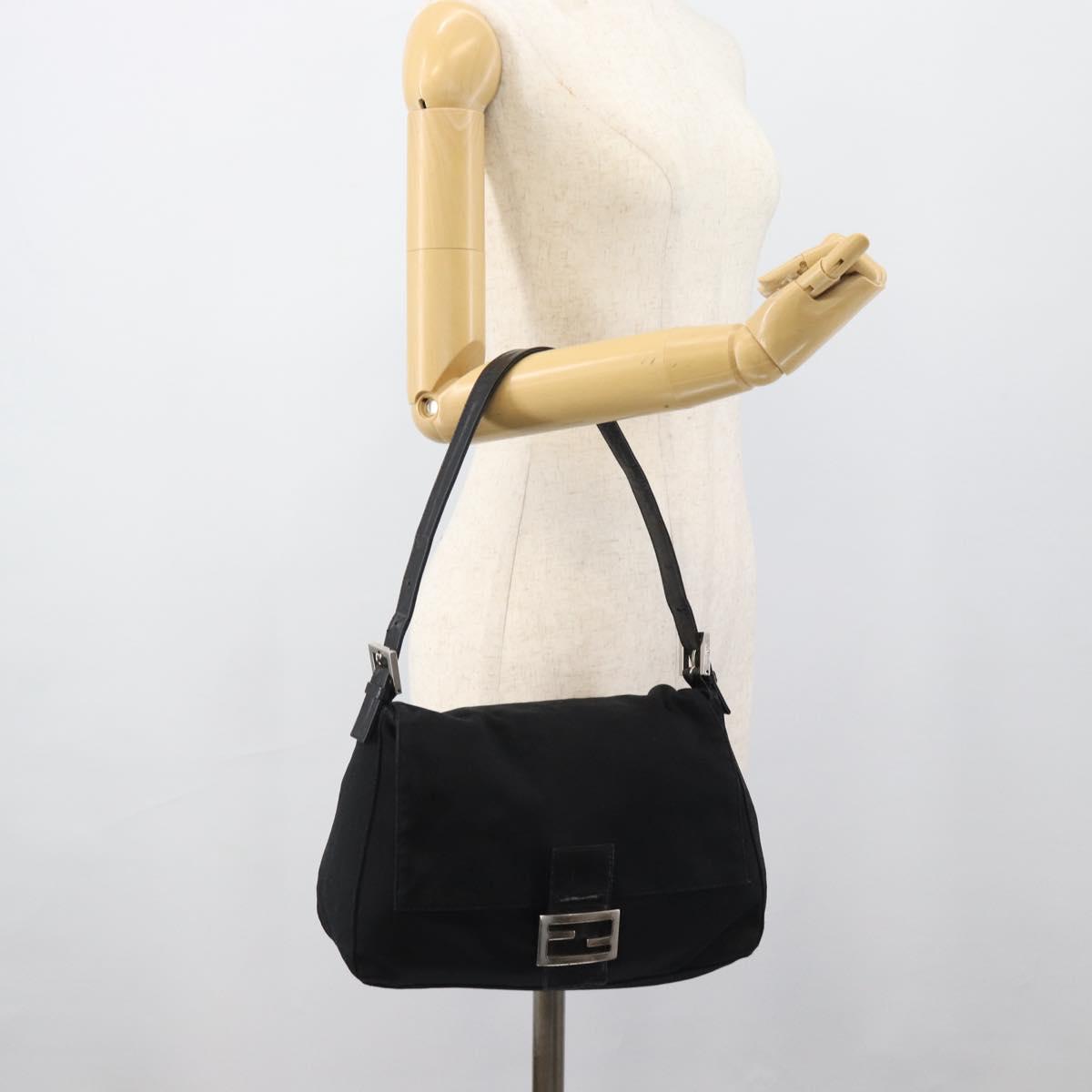 FENDI Mamma Baguette Shoulder Bag Cotton Jersey Black Silver Auth 191327
