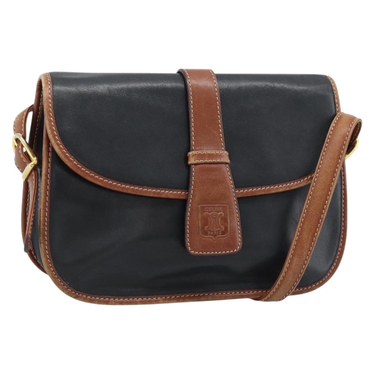 CELINE Shoulder Bag Leather Black Gold Auth 191330