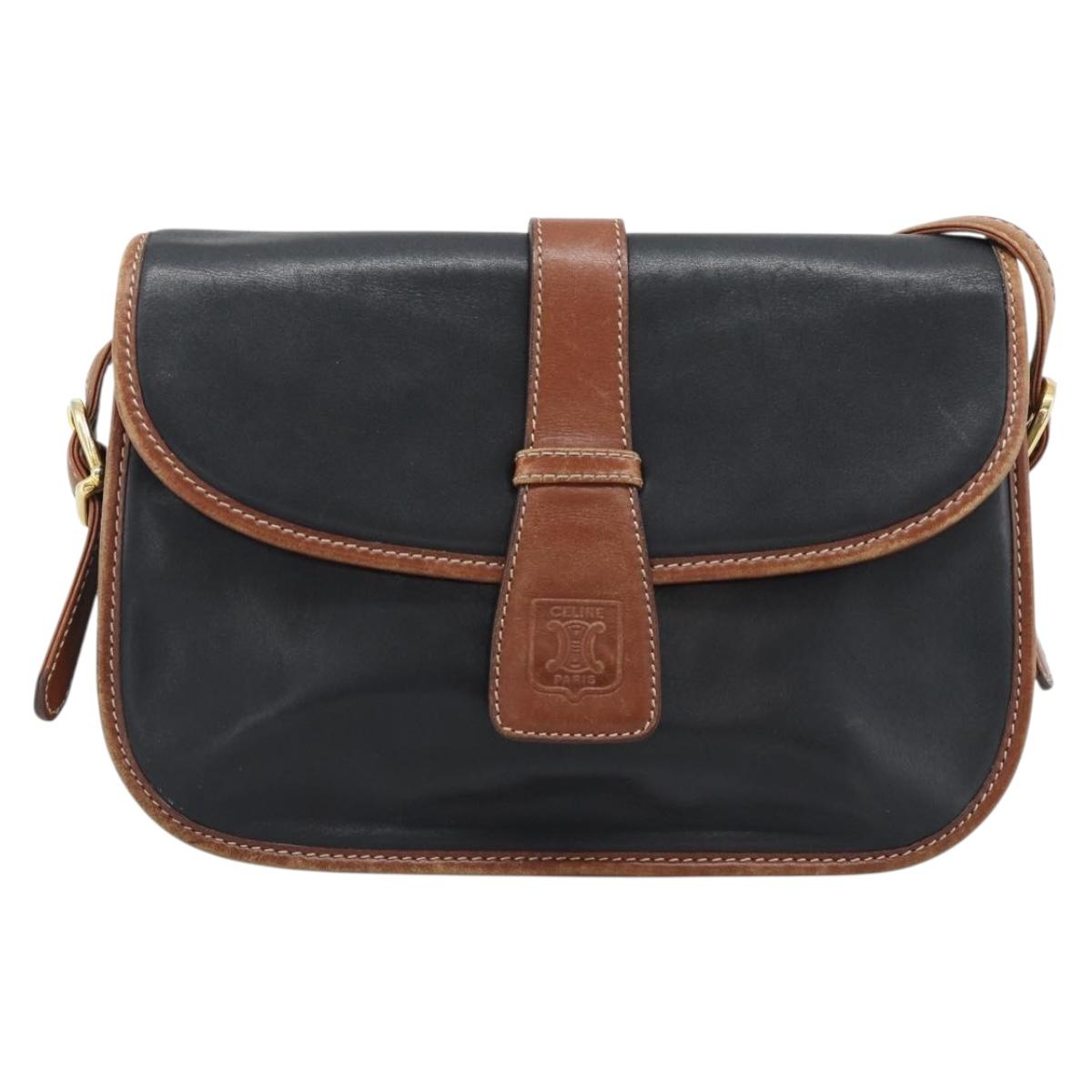 CELINE Shoulder Bag Leather Black Gold Auth 191330