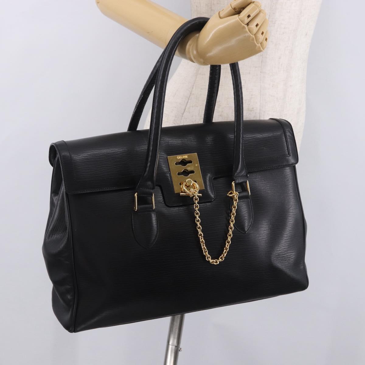 CELINE Hand Bag Leather Black Gold Auth 191353A