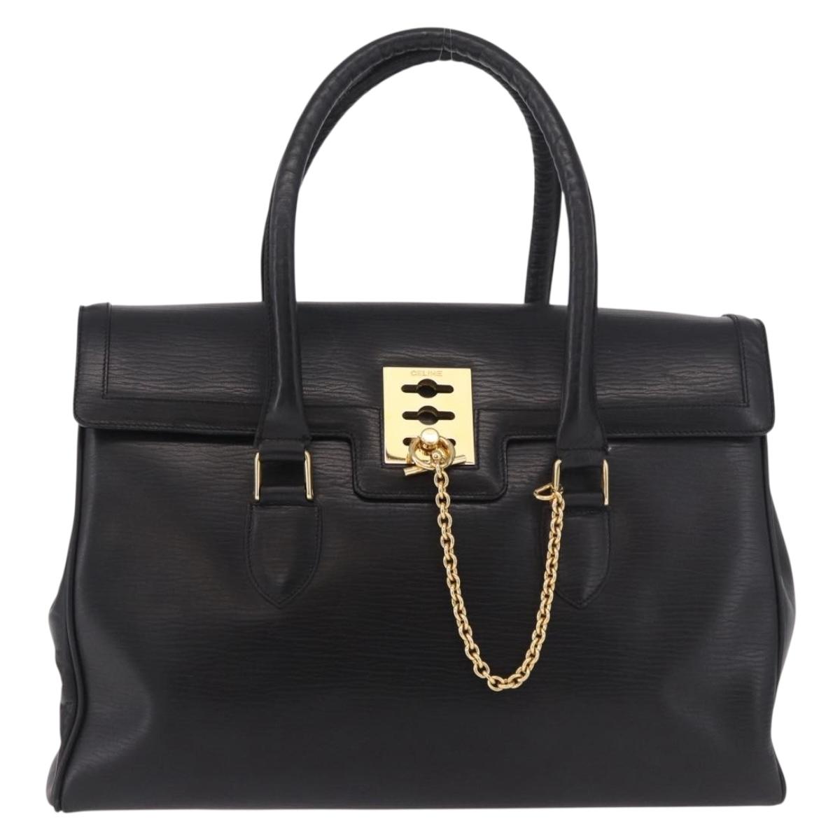 CELINE Hand Bag Leather Black Gold Auth 191353A