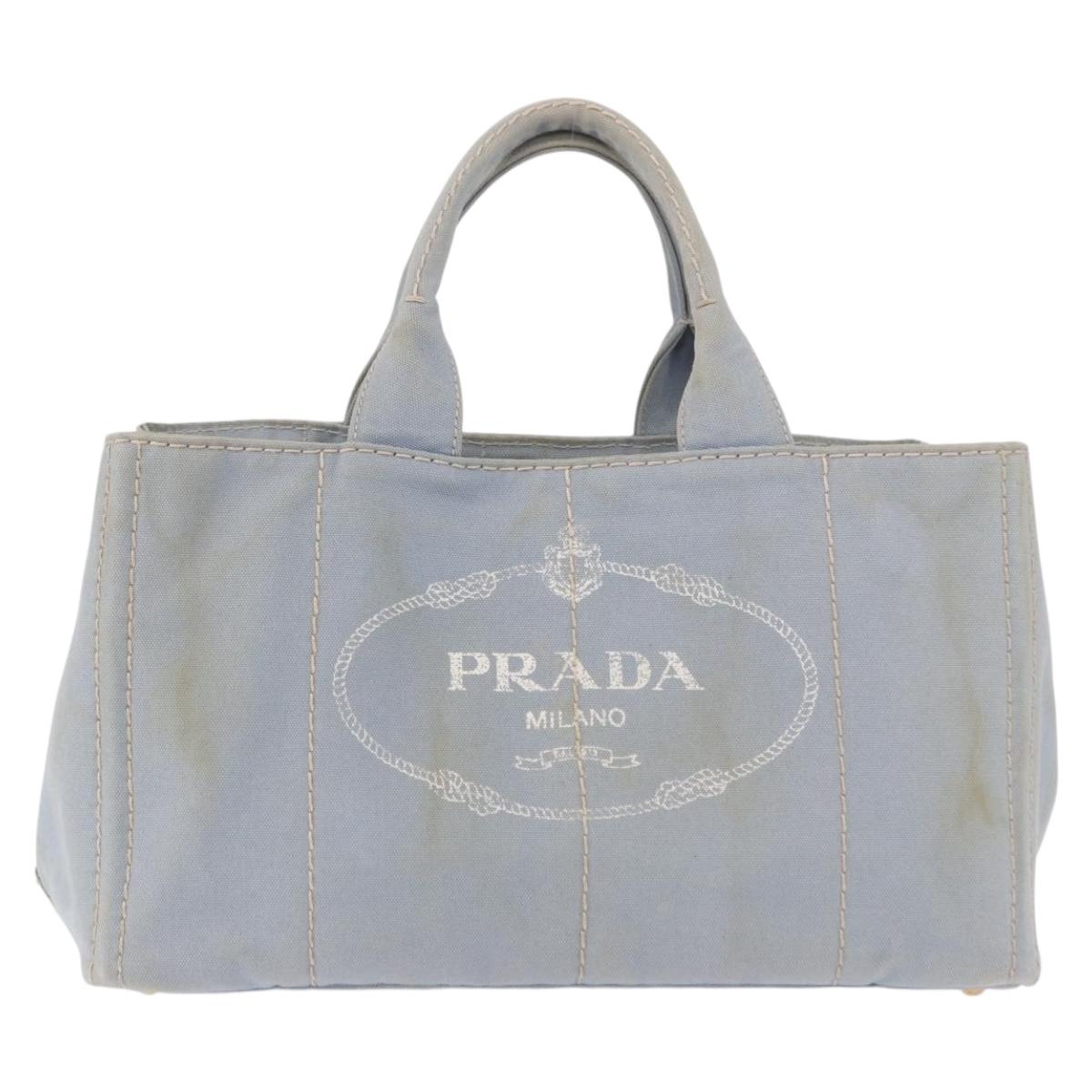 PRADA Canapa MM Hand Bag Canvas Light Blue Gold Auth 191363