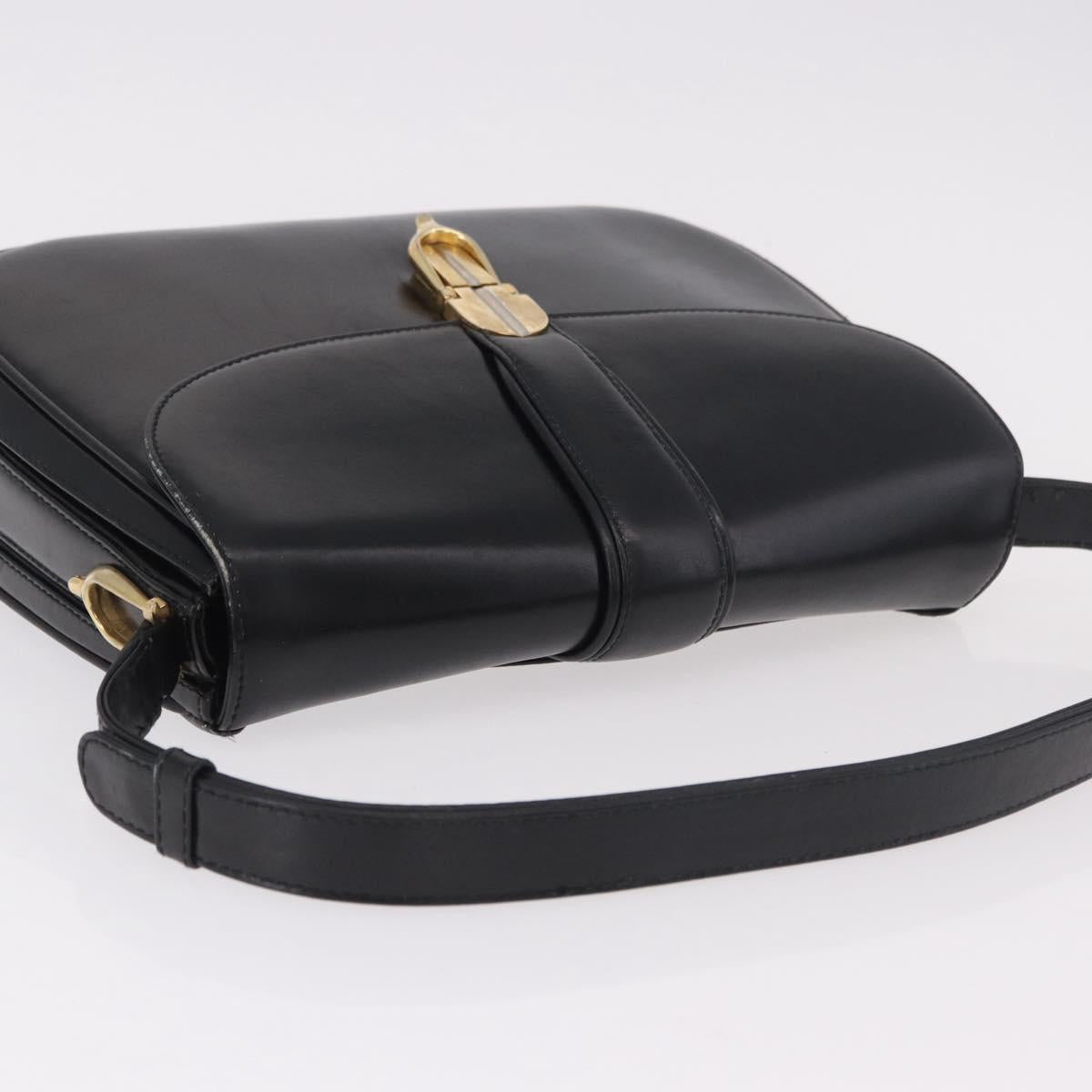 GUCCI Shoulder Bag Leather Black Gold Auth 191364