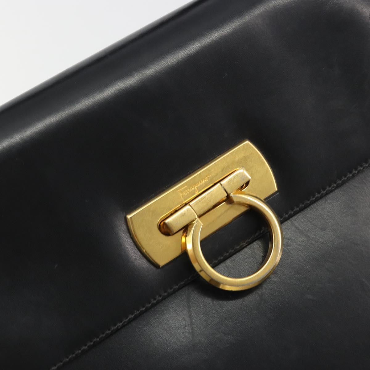 Salvatore Ferragamo Gancini Hand Bag Leather Black Gold Auth 191365