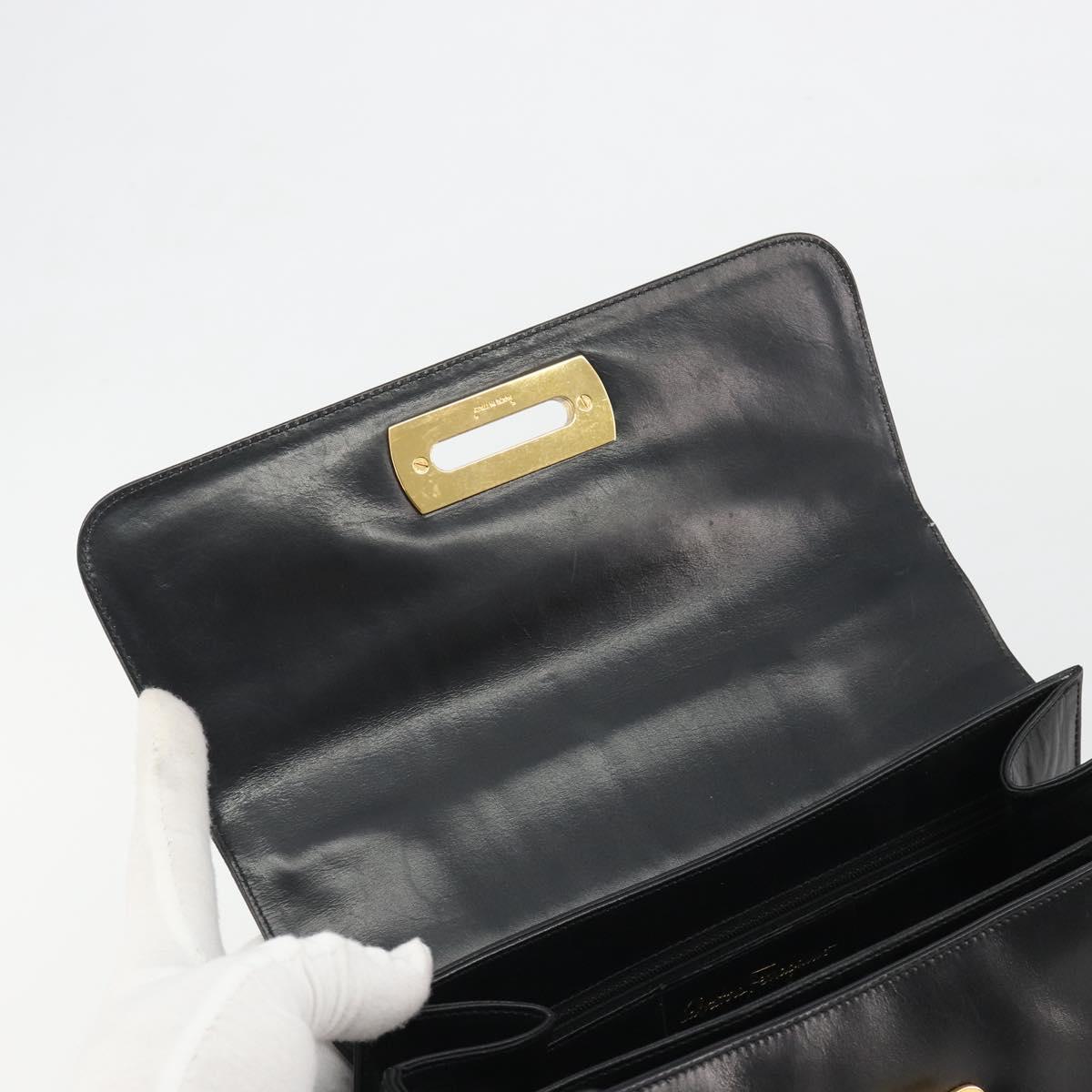 Salvatore Ferragamo Gancini Hand Bag Leather Black Gold Auth 191365