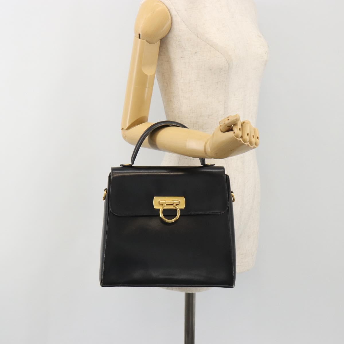 Salvatore Ferragamo Gancini Hand Bag Leather Black Gold Auth 191365