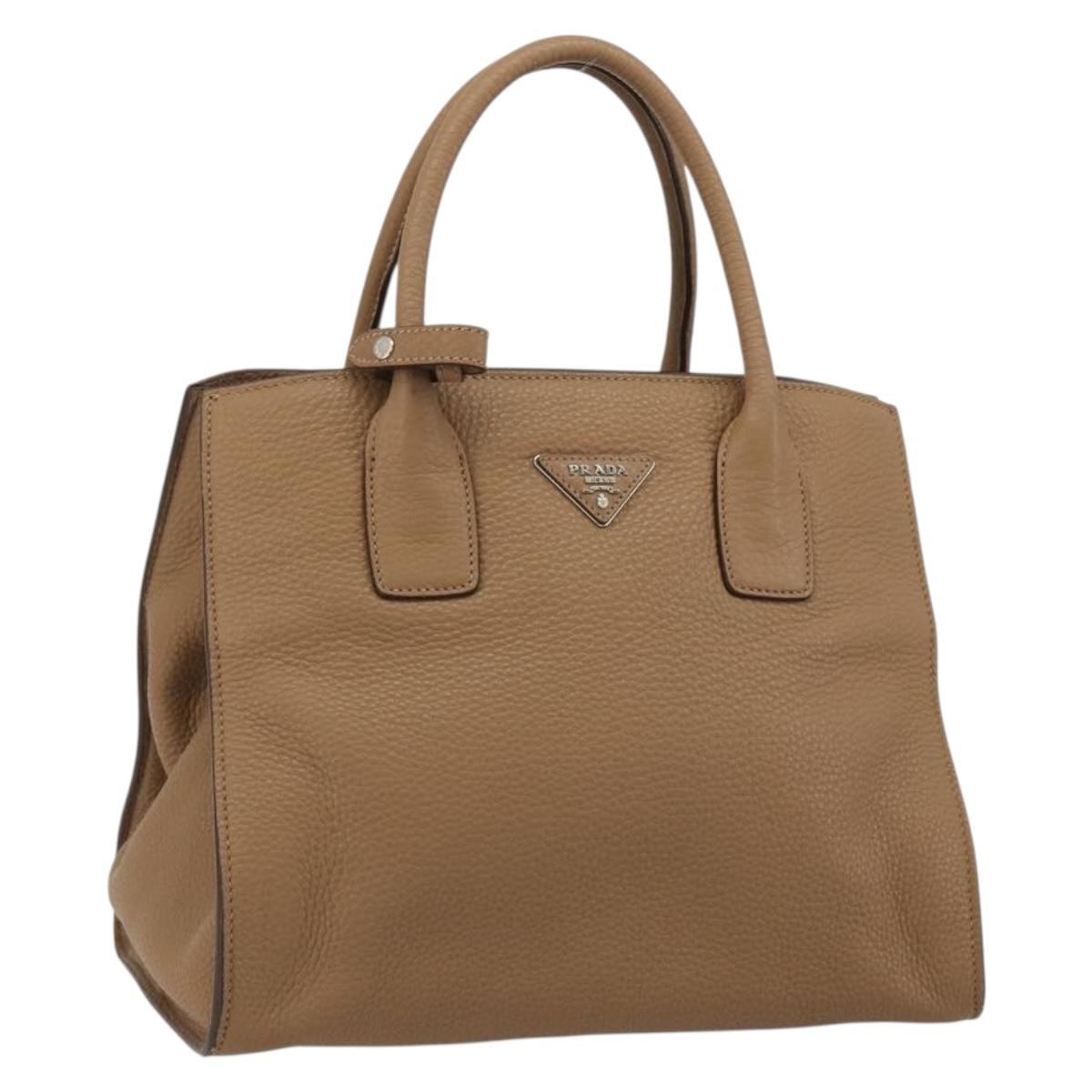 PRADA Hand Bag Vittero Dino Leather Beige Silver Auth 191378V