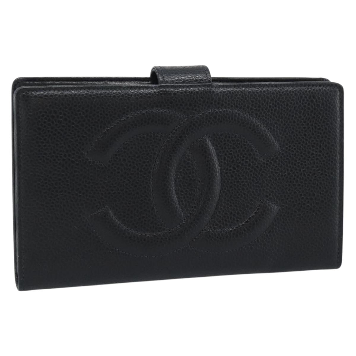 CHANEL COCO Mark Long Wallet Caviar Skin Black Gold CC Auth 191387V