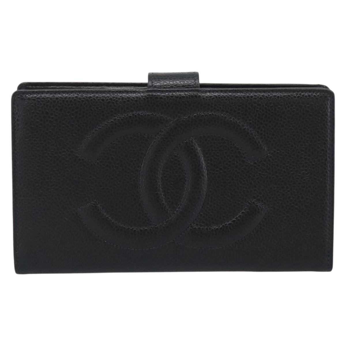 CHANEL COCO Mark Long Wallet Caviar Skin Black Gold CC Auth 191387V