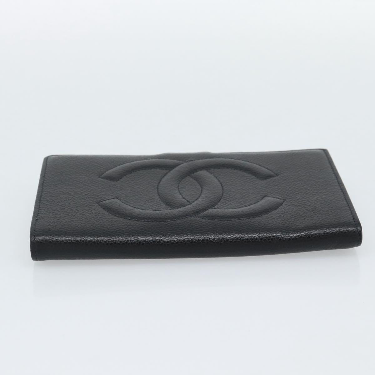 CHANEL COCO Mark Long Wallet Caviar Skin Black Gold CC Auth 191387V