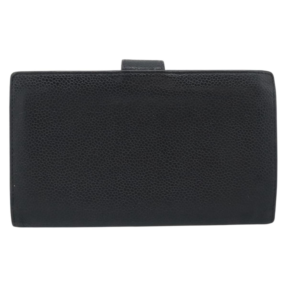 CHANEL COCO Mark Long Wallet Caviar Skin Black Gold CC Auth 191388