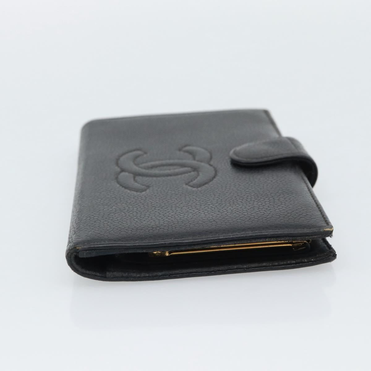 CHANEL COCO Mark Long Wallet Caviar Skin Black Gold CC Auth 191388
